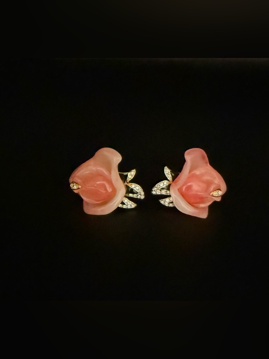 Kenneth Jay Lane Jewelry - Kenneth Jay Lane Acrylic Peach Rosebud Earrings-Crystal Embellished Black Leaves